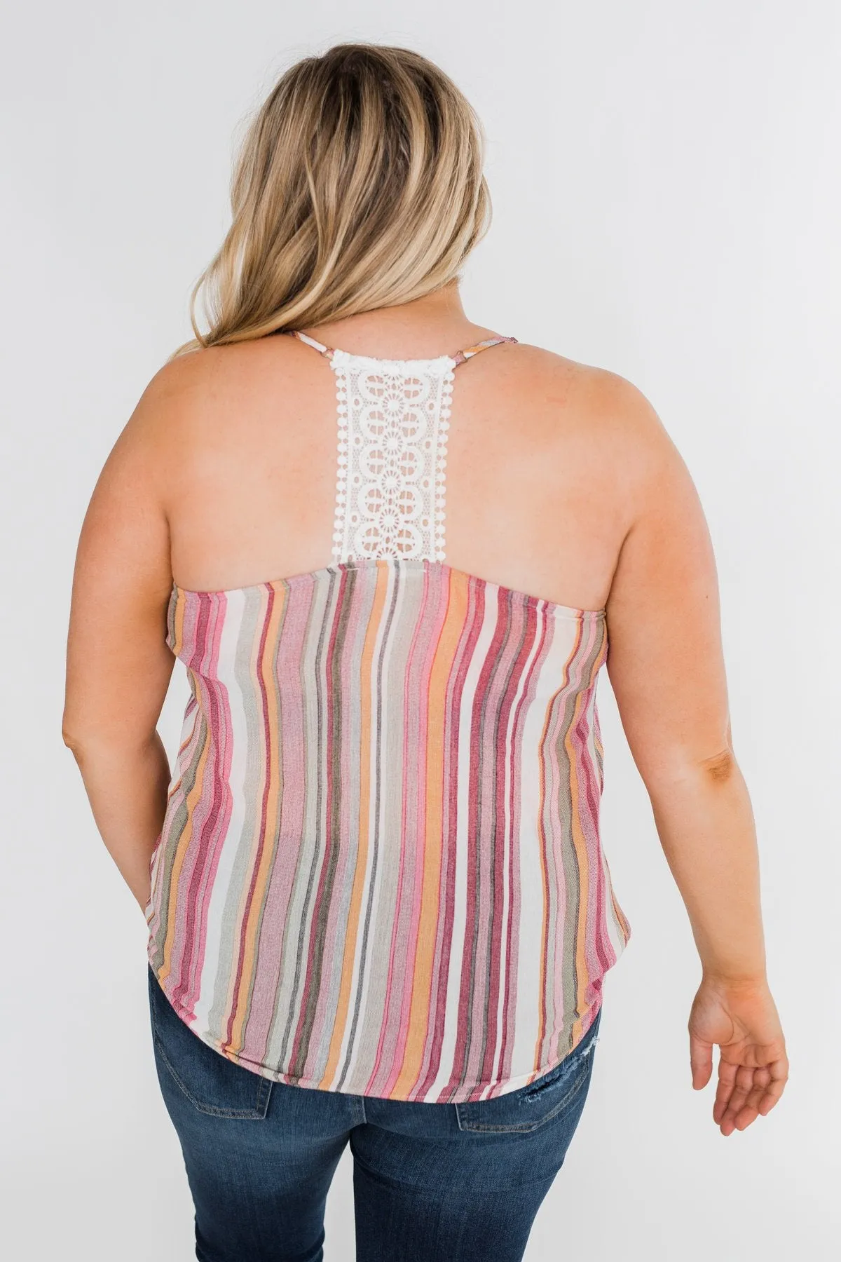 Colorful Stripe and Crochet Halter Tank Top- Purple & Taupe