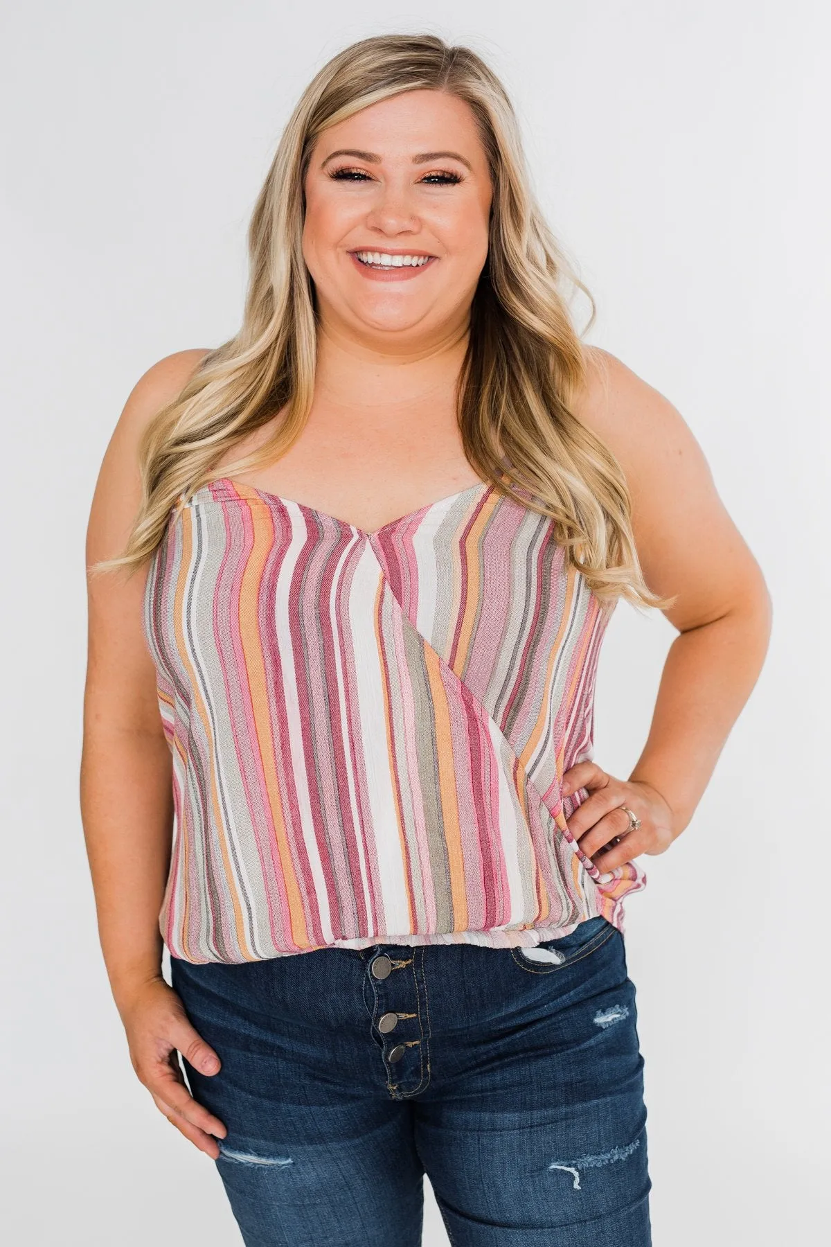 Colorful Stripe and Crochet Halter Tank Top- Purple & Taupe