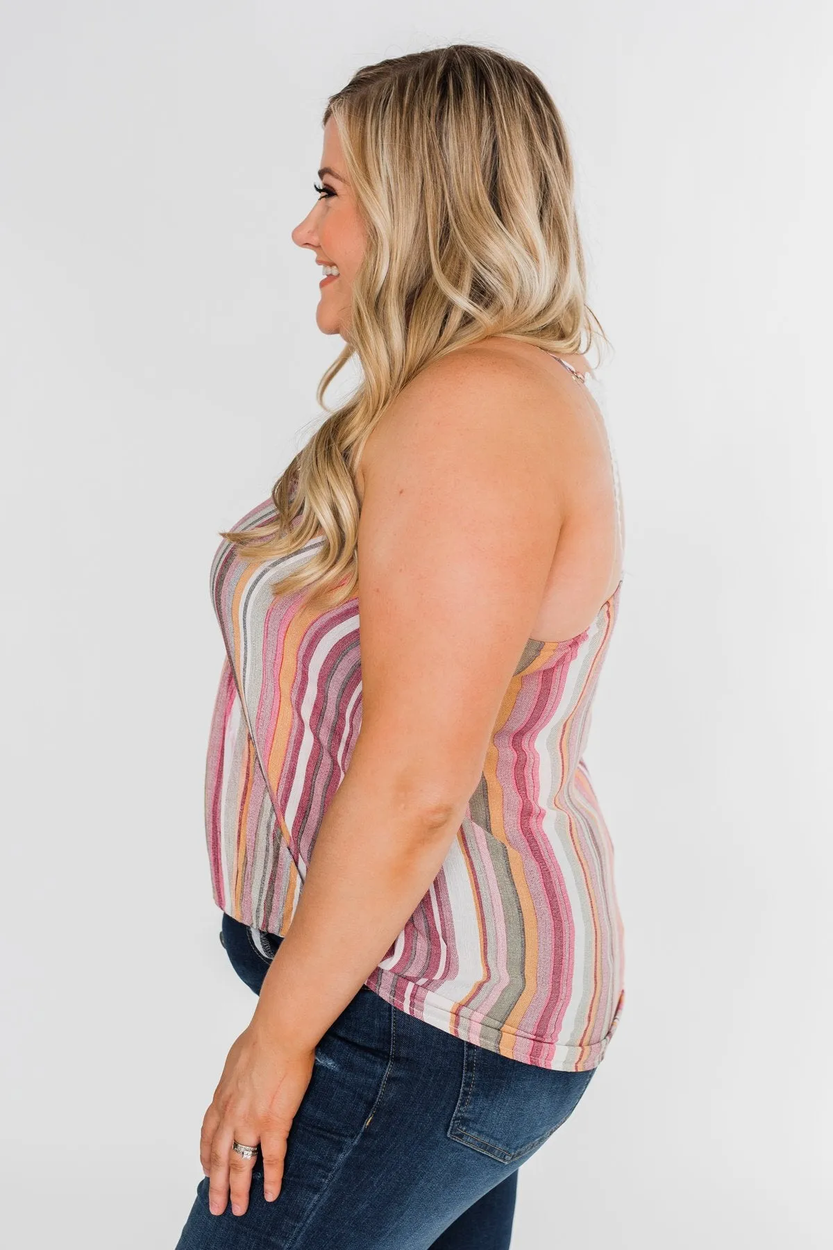 Colorful Stripe and Crochet Halter Tank Top- Purple & Taupe