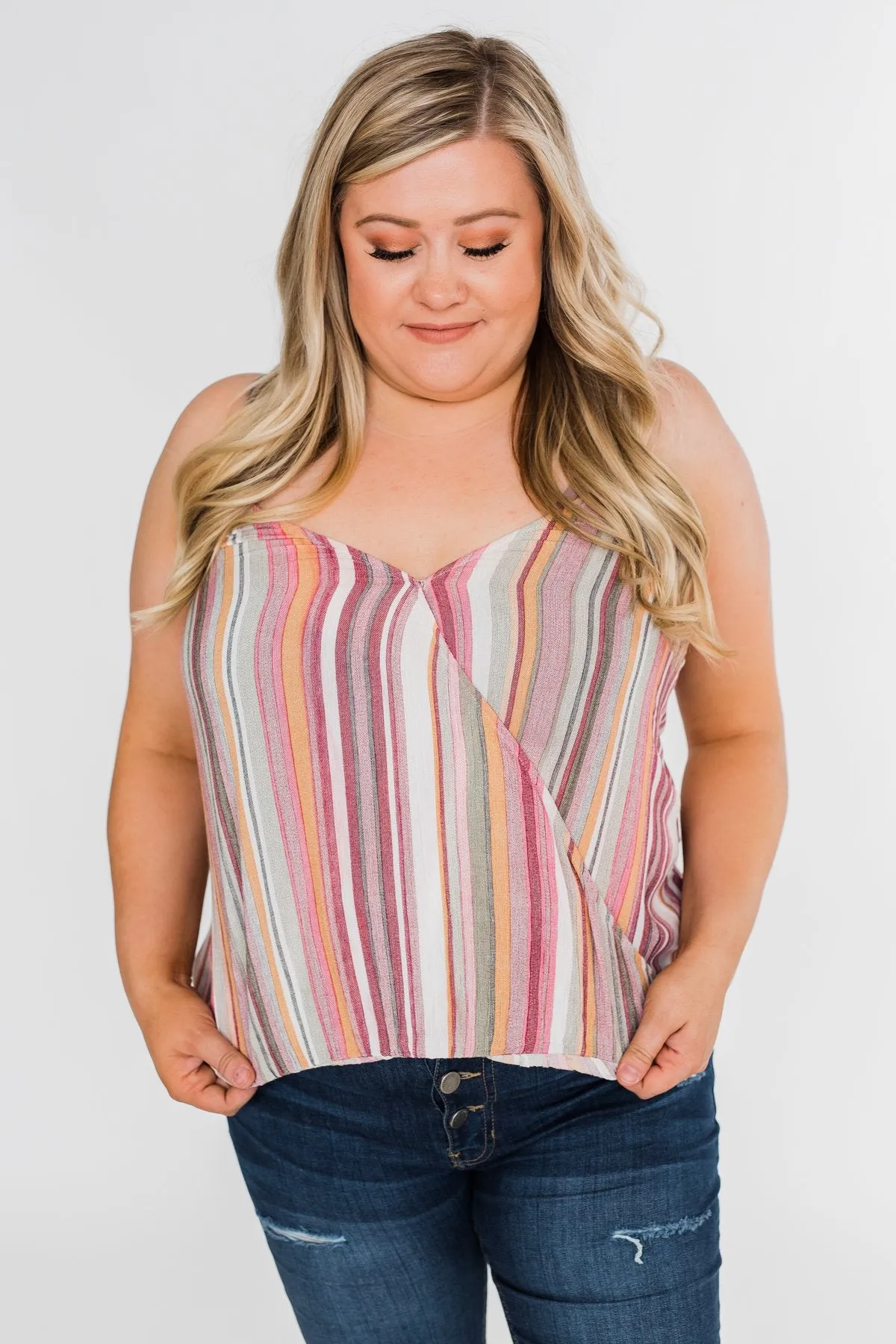 Colorful Stripe and Crochet Halter Tank Top- Purple & Taupe