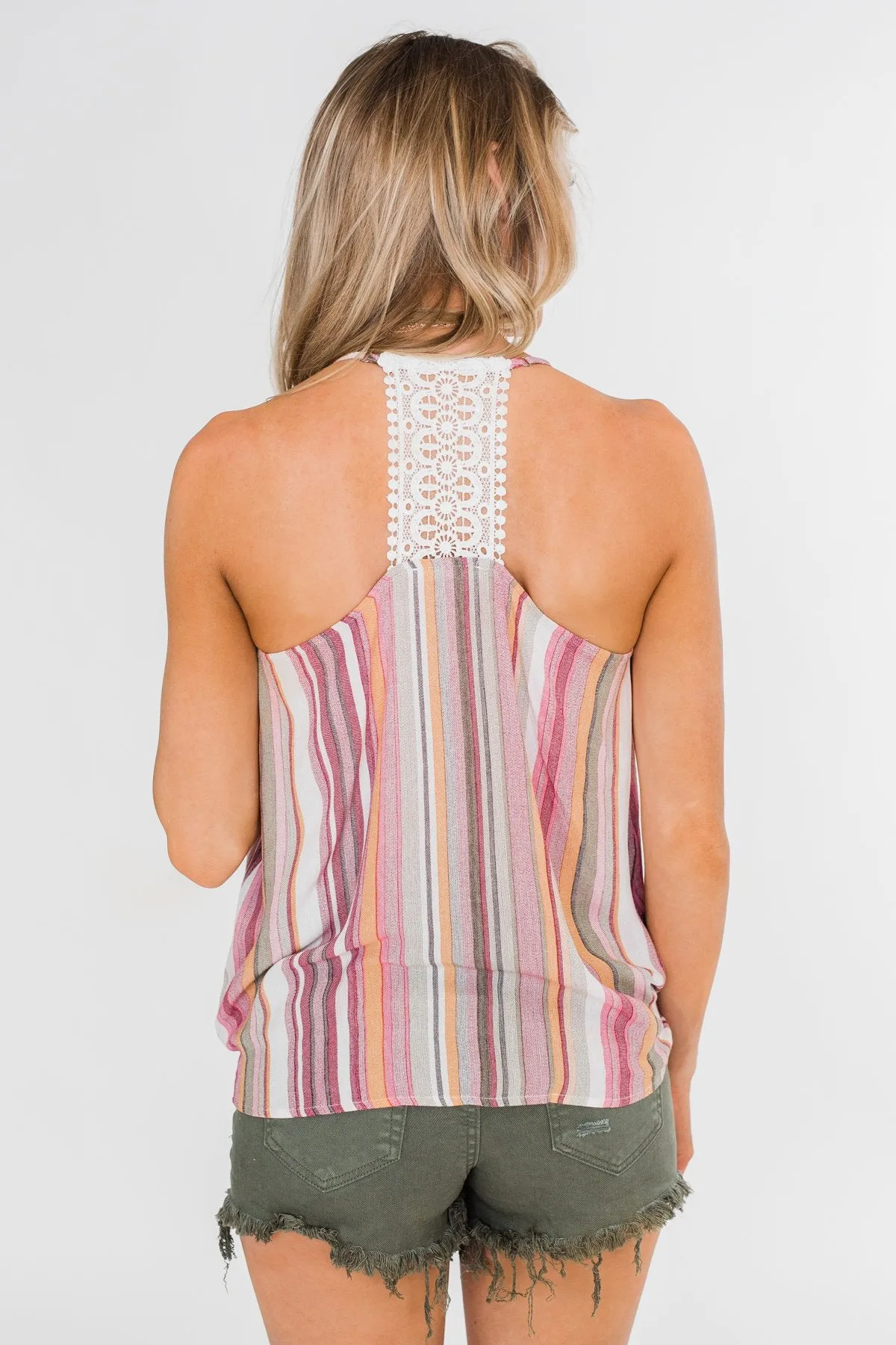 Colorful Stripe and Crochet Halter Tank Top- Purple & Taupe