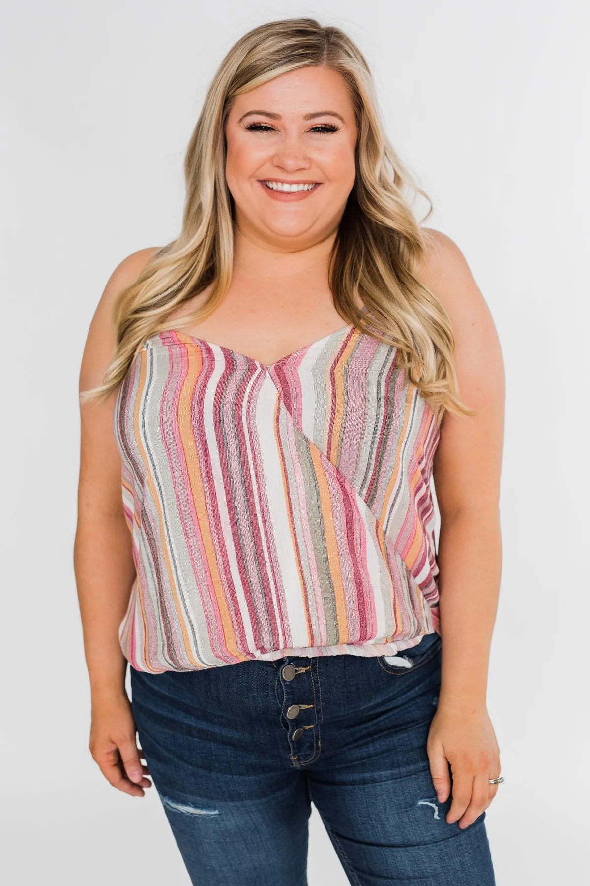Colorful Stripe and Crochet Halter Tank Top- Purple & Taupe