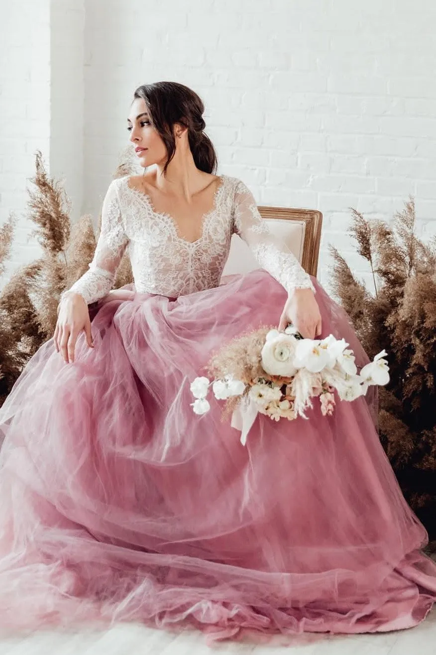Colorful Tulle Garden Wedding Dresses Long Lace Sleeves