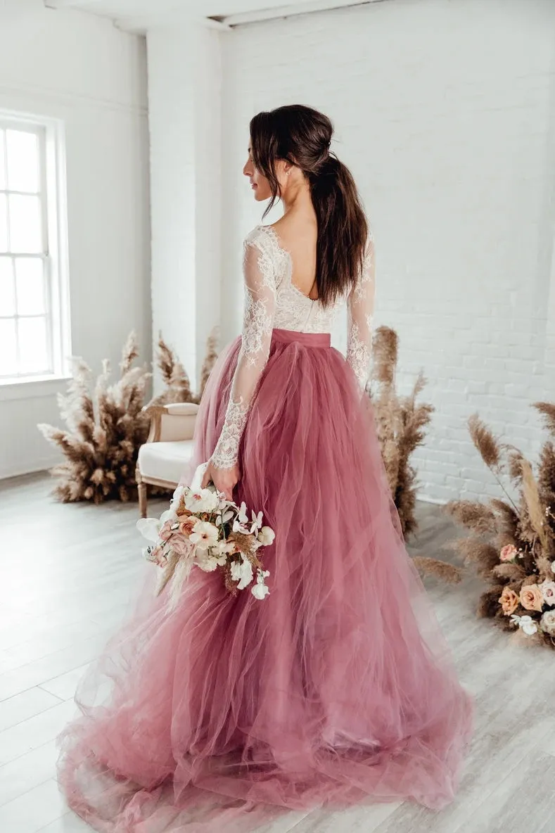 Colorful Tulle Garden Wedding Dresses Long Lace Sleeves