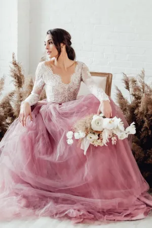 Colorful Tulle Garden Wedding Dresses Long Lace Sleeves