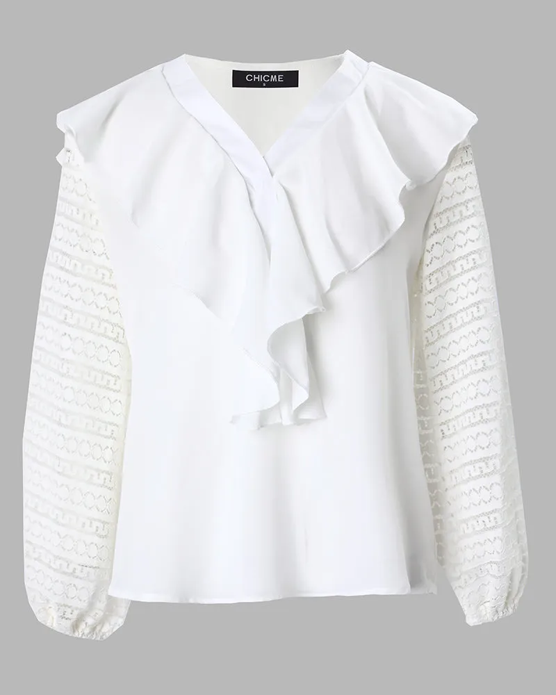 Contrast Lace Long Sleeve Ruffle Hem Top