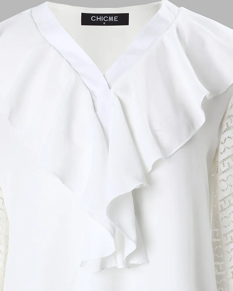Contrast Lace Long Sleeve Ruffle Hem Top
