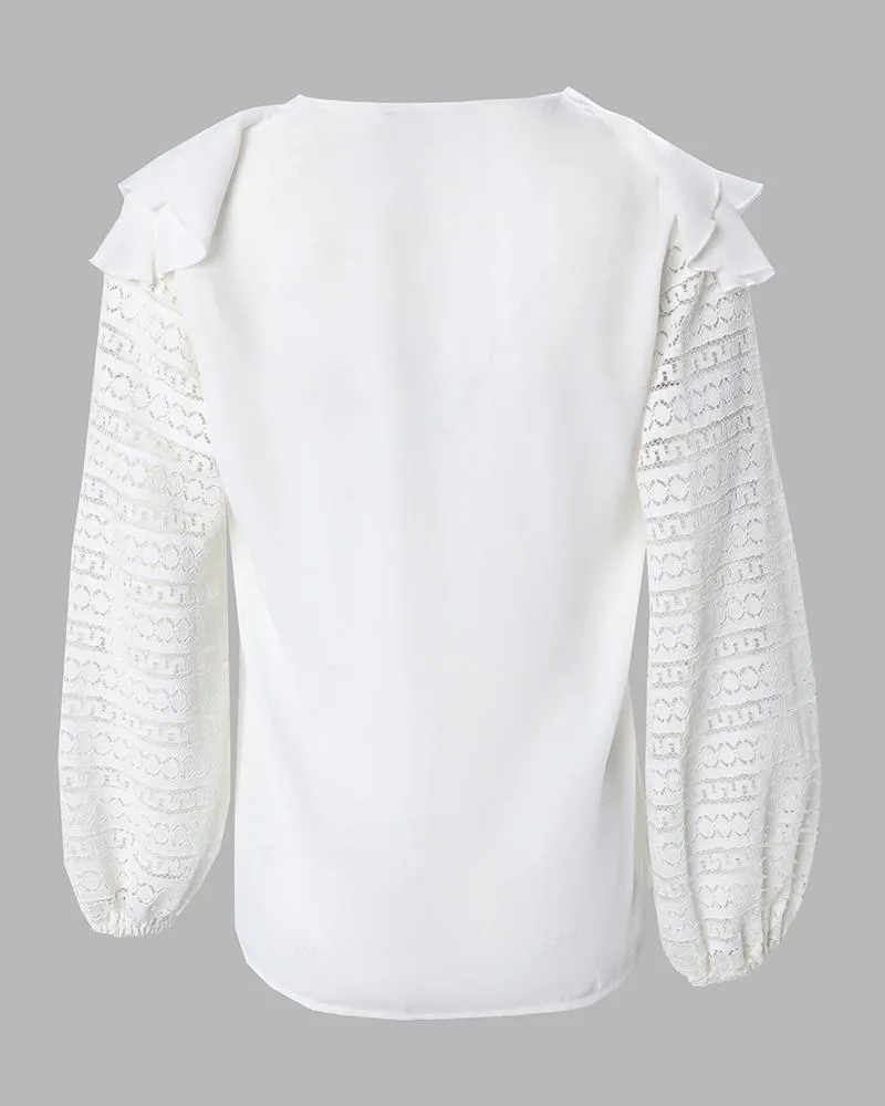Contrast Lace Long Sleeve Ruffle Hem Top