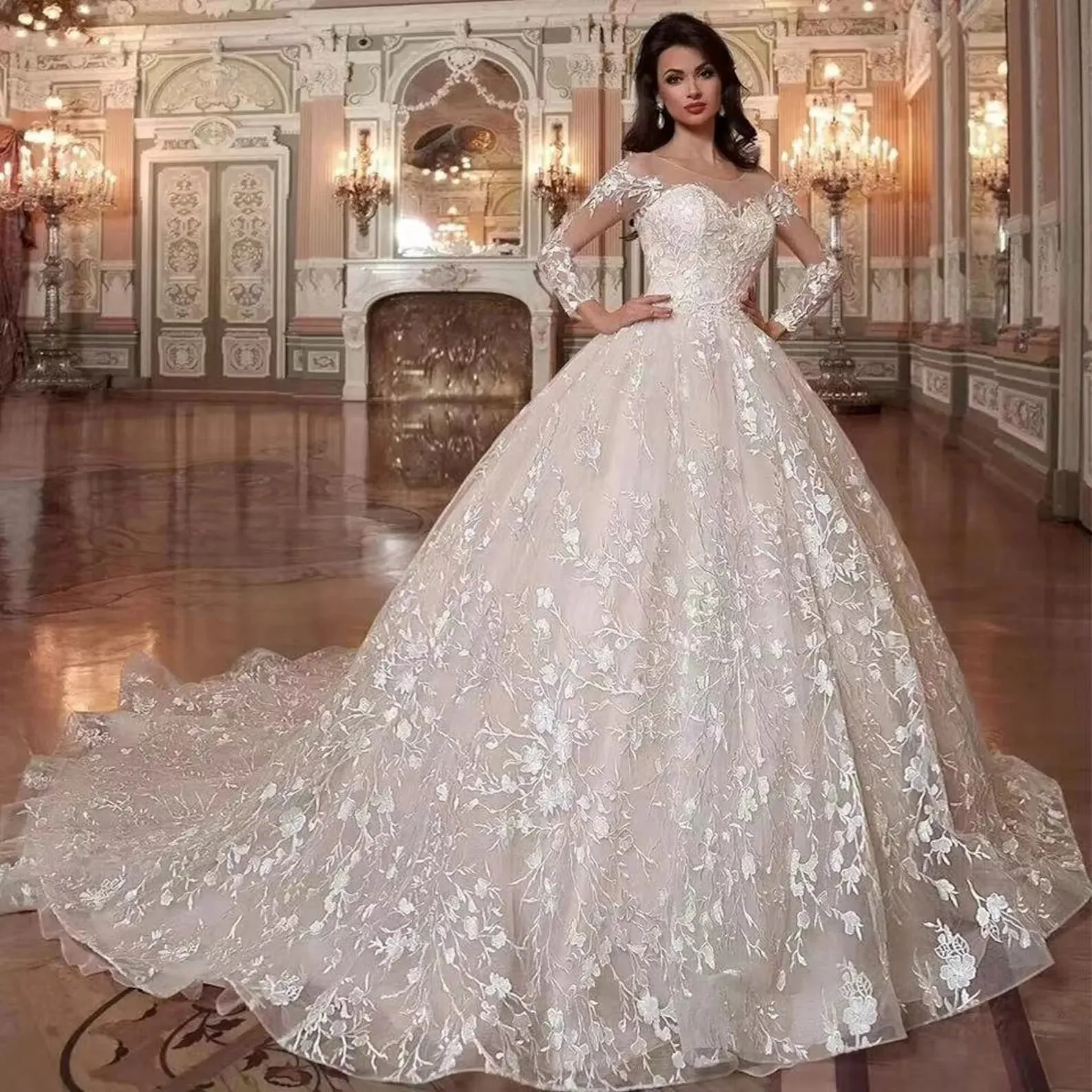 Crystal Luxury Illusion Beads White/Ivory Women Wedding Dress Bride Dresses Lace Appliques Elegant Wedding Gowns Long Train