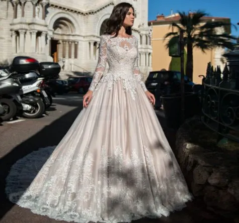 Custom Made Long Sleeve Pearls Appliques A-line Wedding Dresses  Bruidsjurken Princess Bridal Gowns