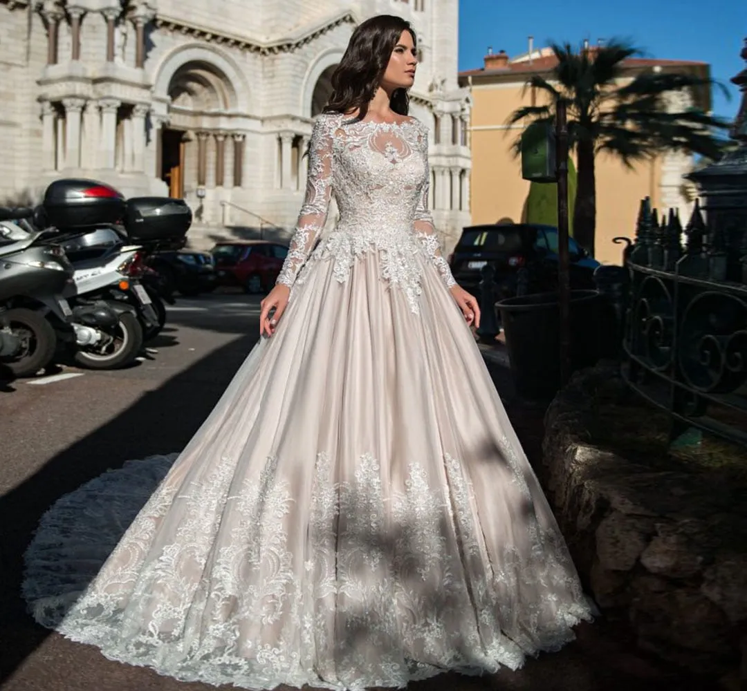 Custom Made Long Sleeve Pearls Appliques A-line Wedding Dresses  Bruidsjurken Princess Bridal Gowns