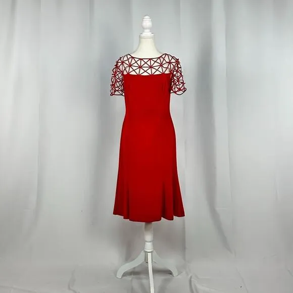 Daymor Couture Red Knee Length Cut Out Abstract Design Short Sleeve Dress Size 6