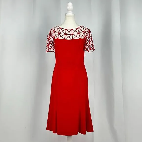 Daymor Couture Red Knee Length Cut Out Abstract Design Short Sleeve Dress Size 6