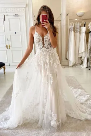 Deep Neckline Lace Floral Bridal Dress with Tulle Skirt