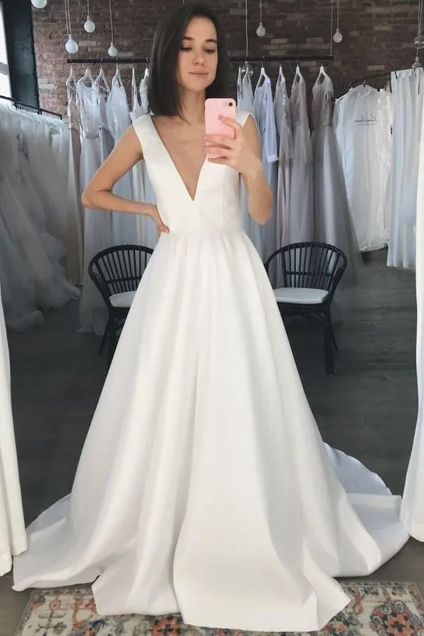 Deep V-neck Satin A-line Wedding Dress 2020