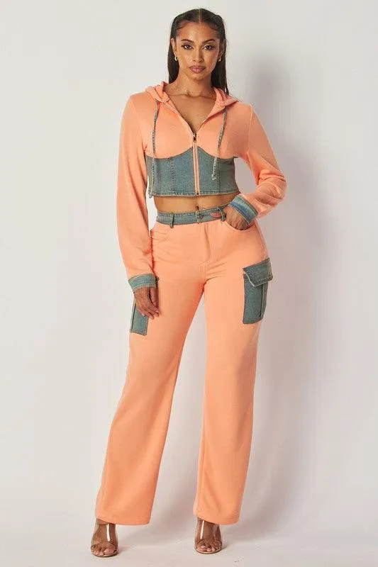 Denim Contrast Hooded Jacket & Pant Set