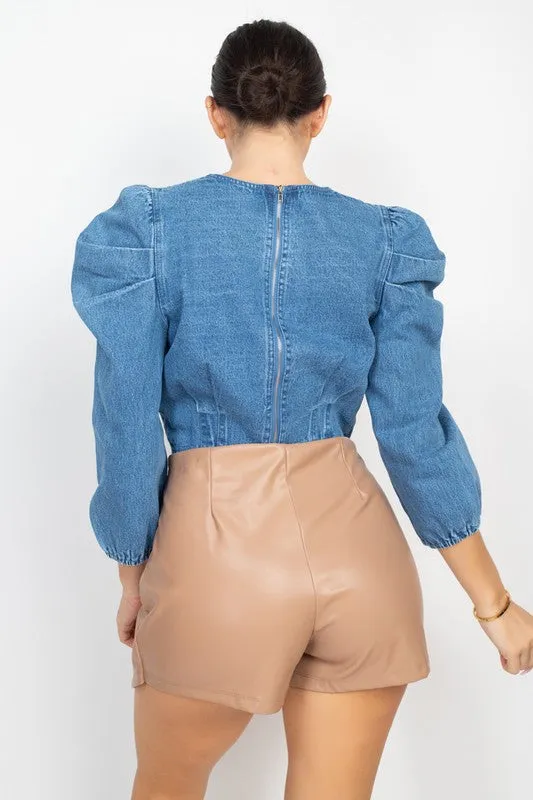 DENIM RUFFLE SHOULDER CROP TOP