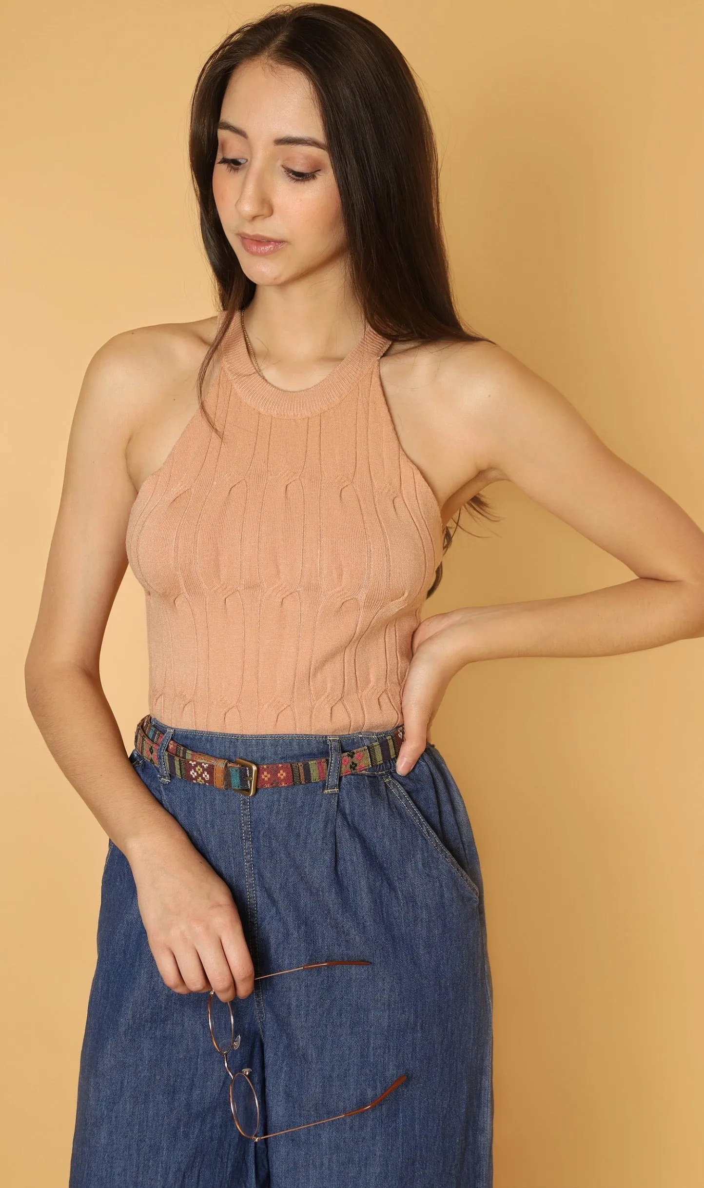 DESIREE Textured Halter-Neck Knit Top (Nude)