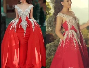 detachable train red prom dresses 2020 crystals v neck luxury beaded appliqué elegant prom gown