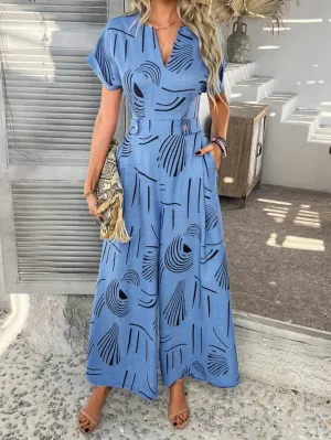 Devine Printed Notched Short Sleeve Wide Leg Jumpsuit