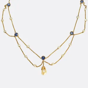 Edwardian Sapphire & Natural Pearl Swag Necklace