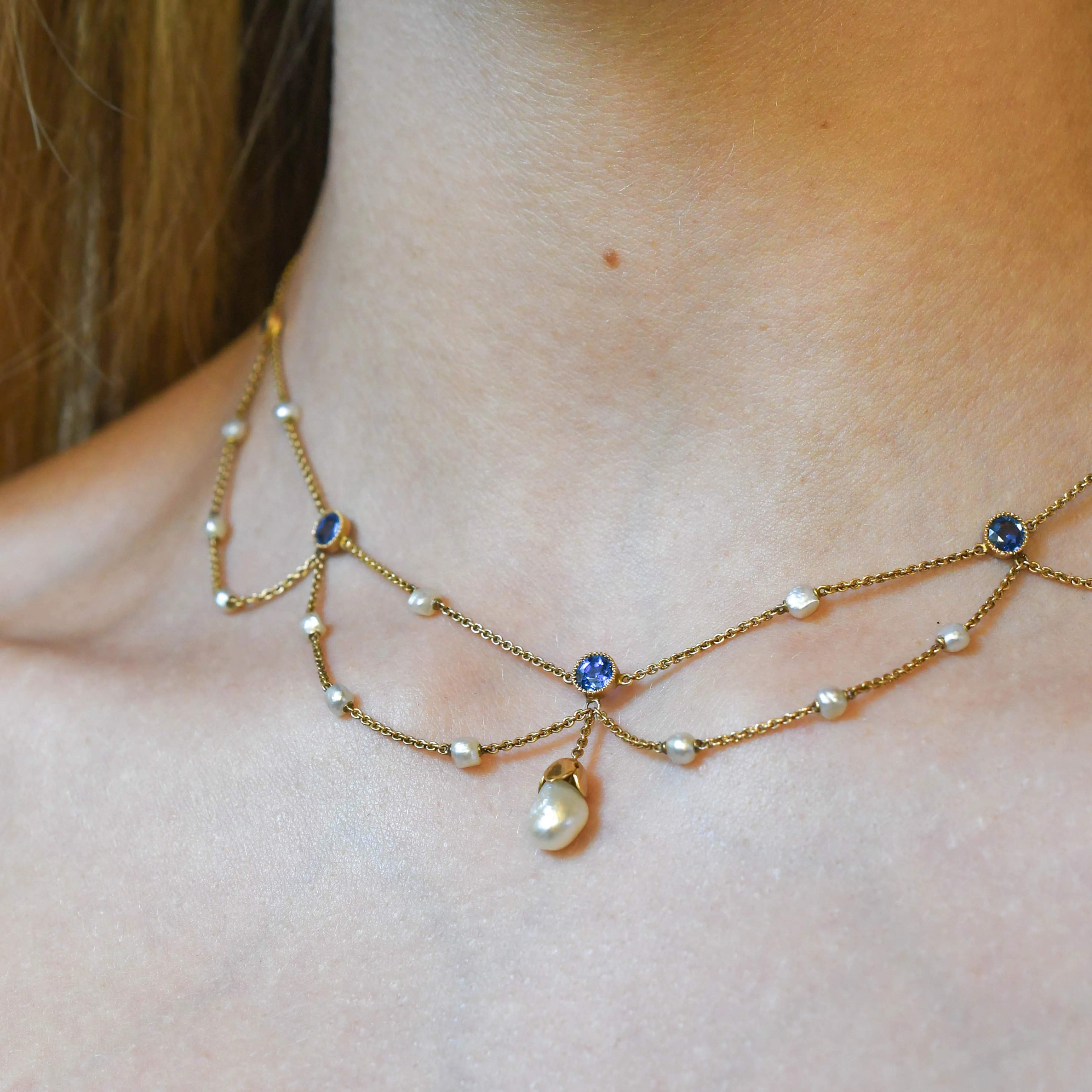 Edwardian Sapphire & Natural Pearl Swag Necklace