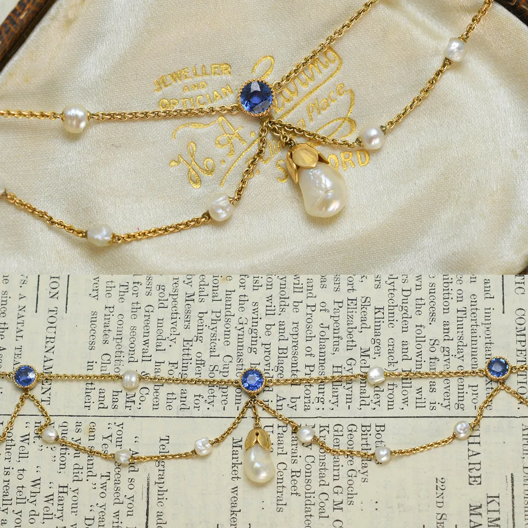 Edwardian Sapphire & Natural Pearl Swag Necklace