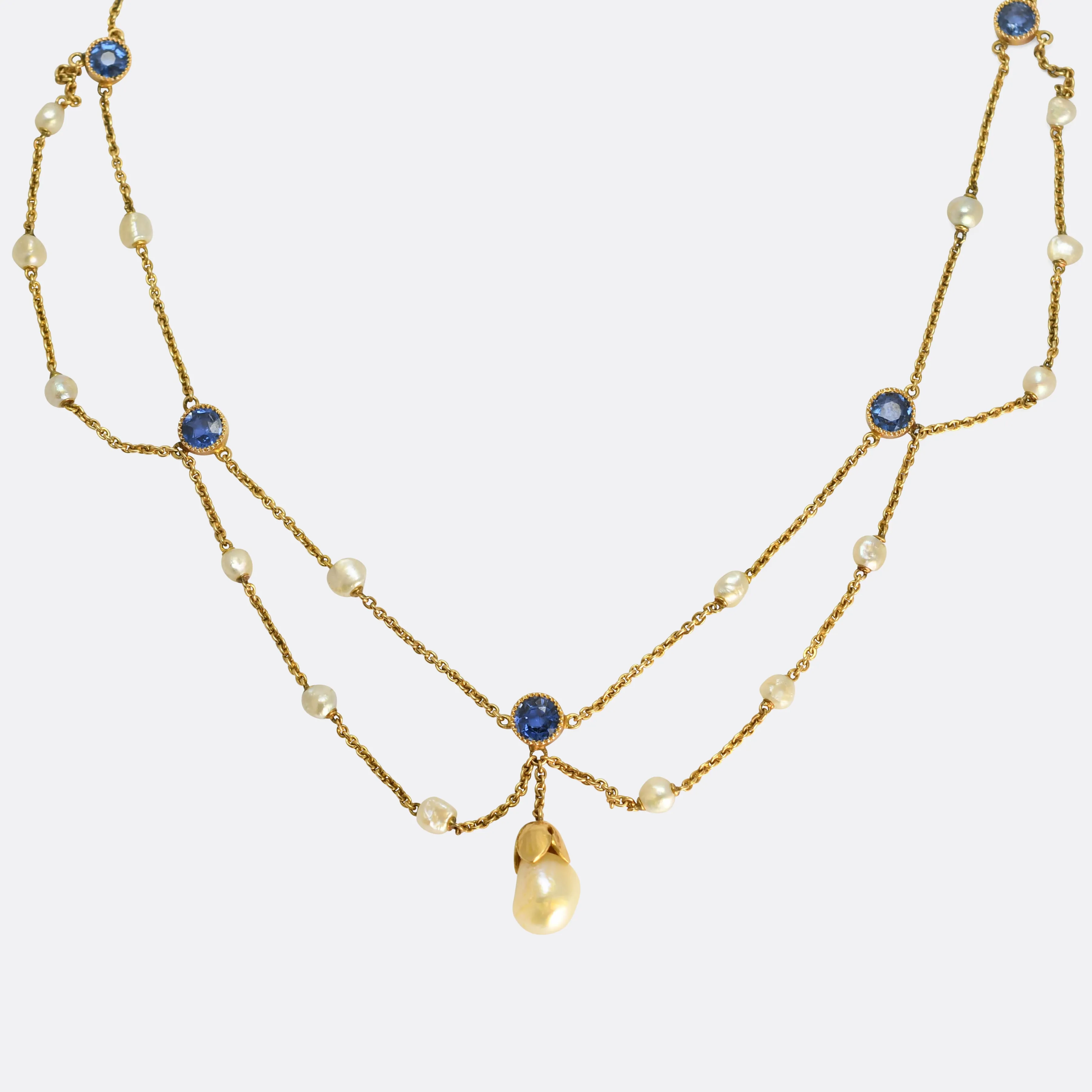 Edwardian Sapphire & Natural Pearl Swag Necklace