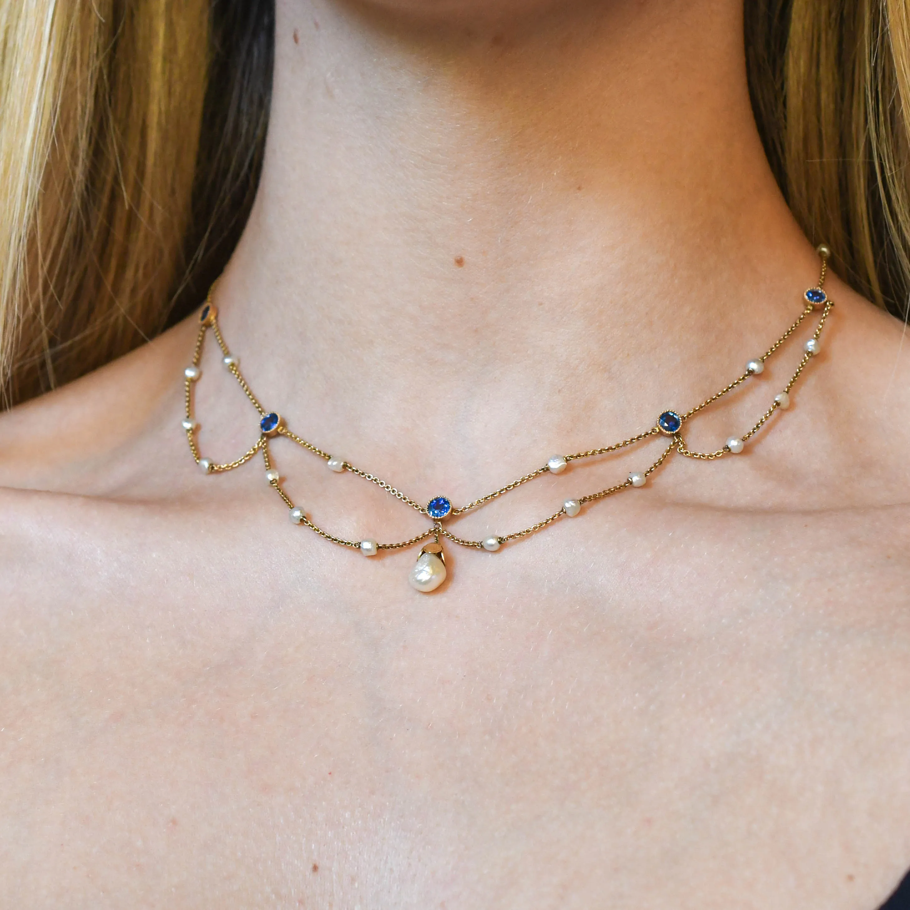 Edwardian Sapphire & Natural Pearl Swag Necklace