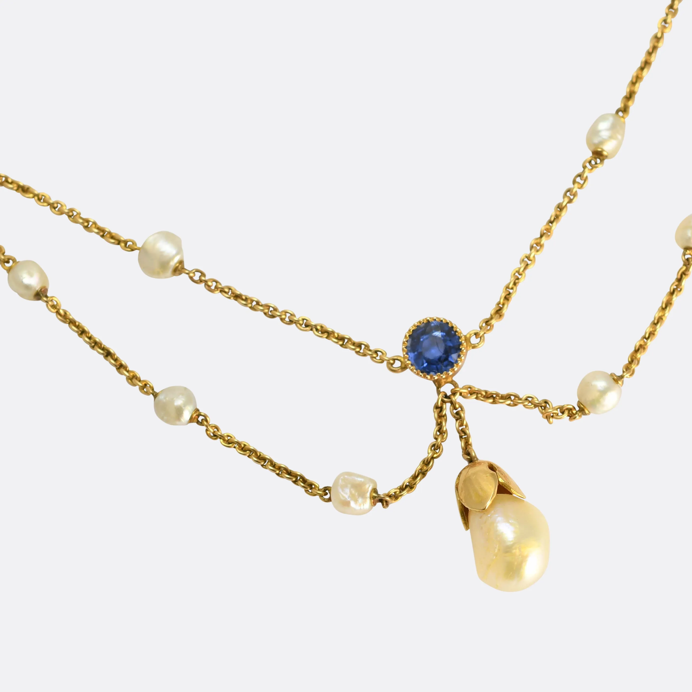 Edwardian Sapphire & Natural Pearl Swag Necklace