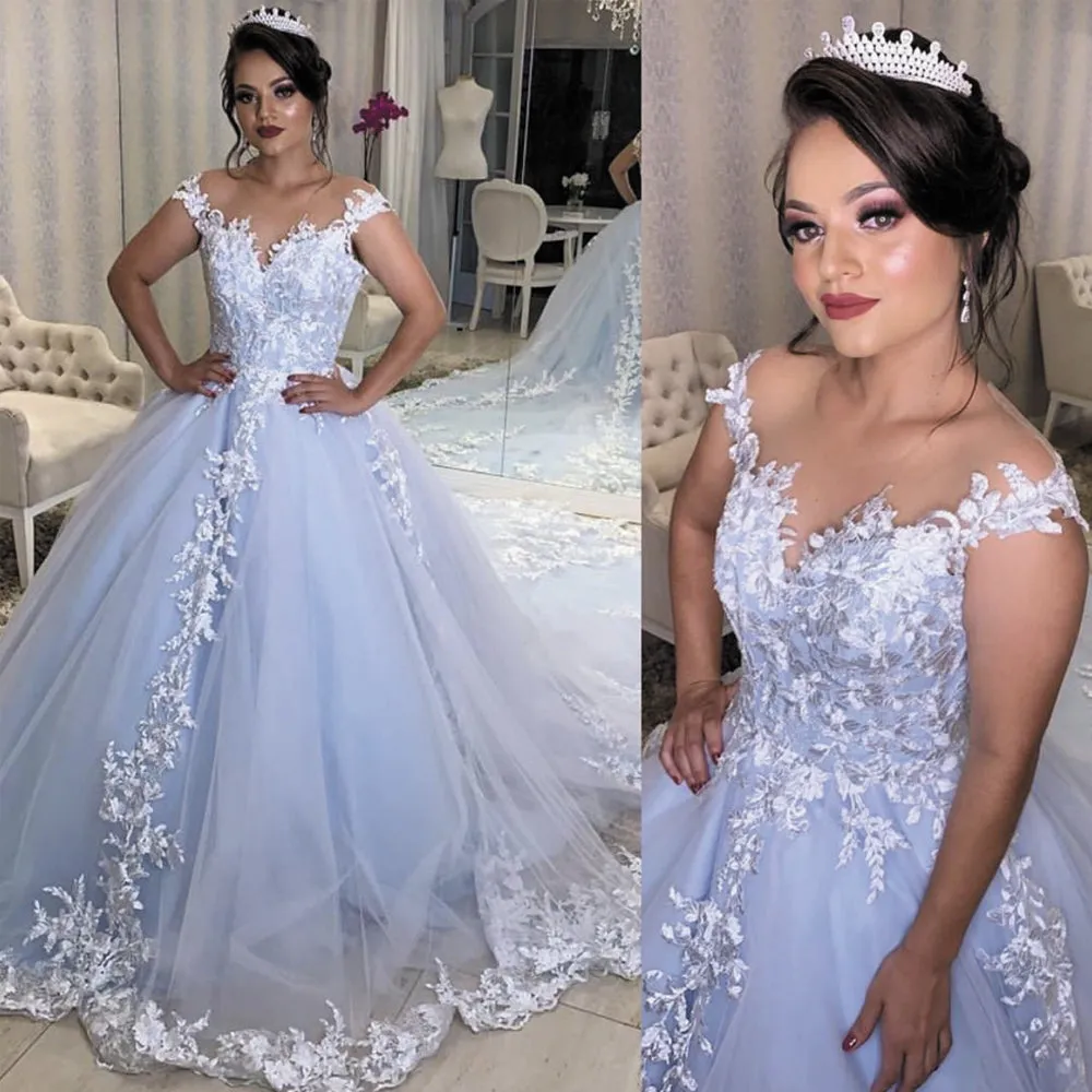 elegant wedding dresses 2020 lace applique cap sleeve chapel train boho wedding ball gown 2021