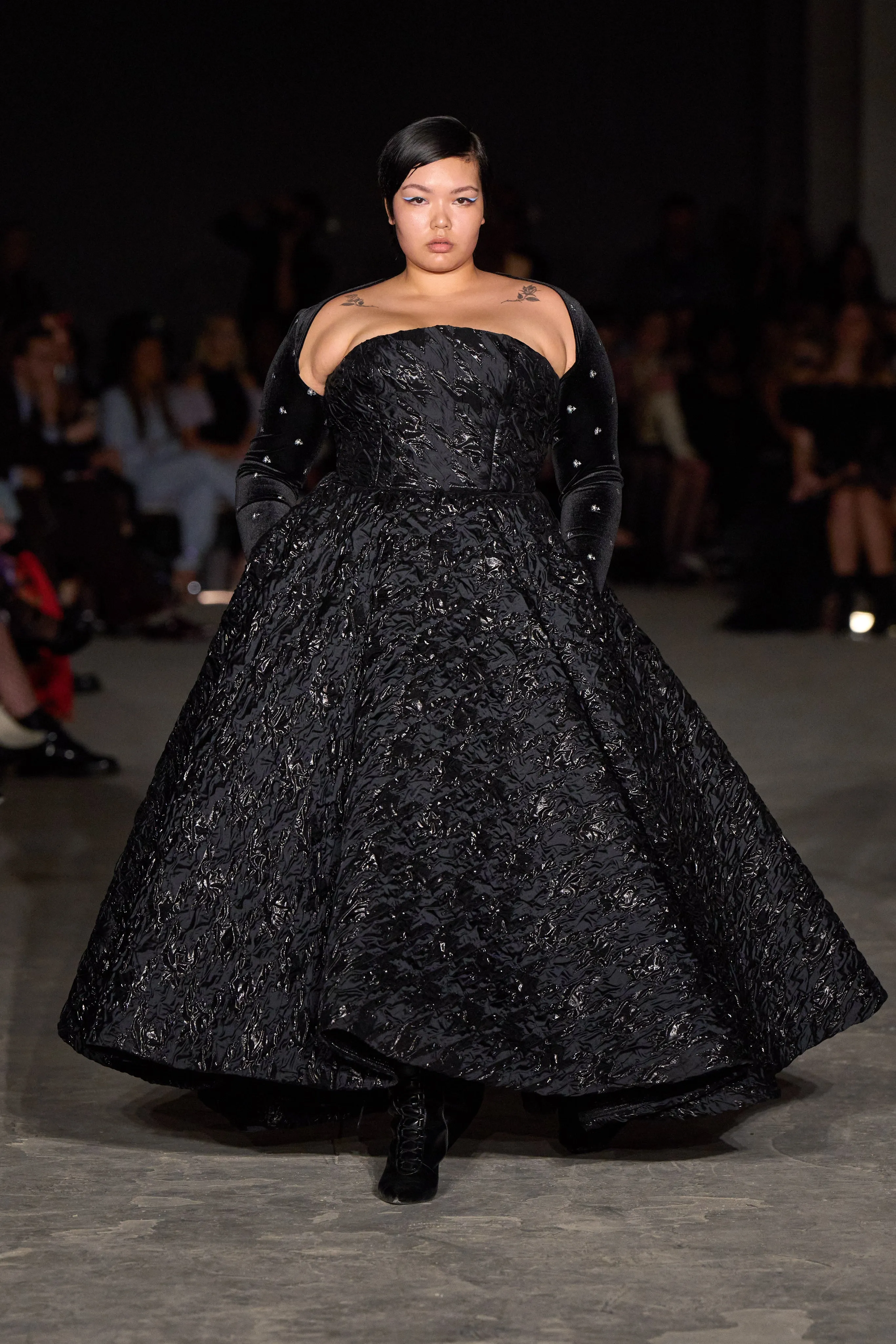 Embossed Shimmer Houndstooth Strapless Ball Gown