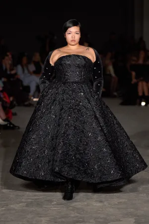 Embossed Shimmer Houndstooth Strapless Ball Gown