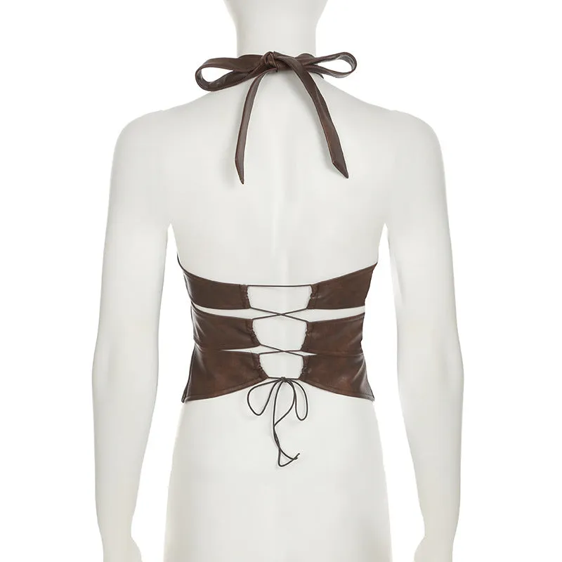 Faux Leather Cropped Halter Top