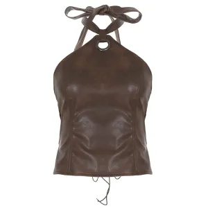 Faux Leather Cropped Halter Top