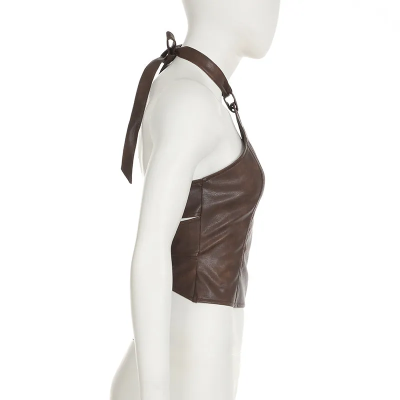 Faux Leather Cropped Halter Top