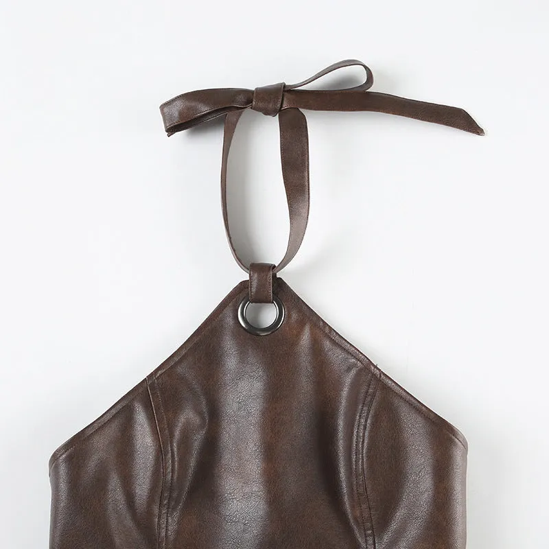Faux Leather Cropped Halter Top