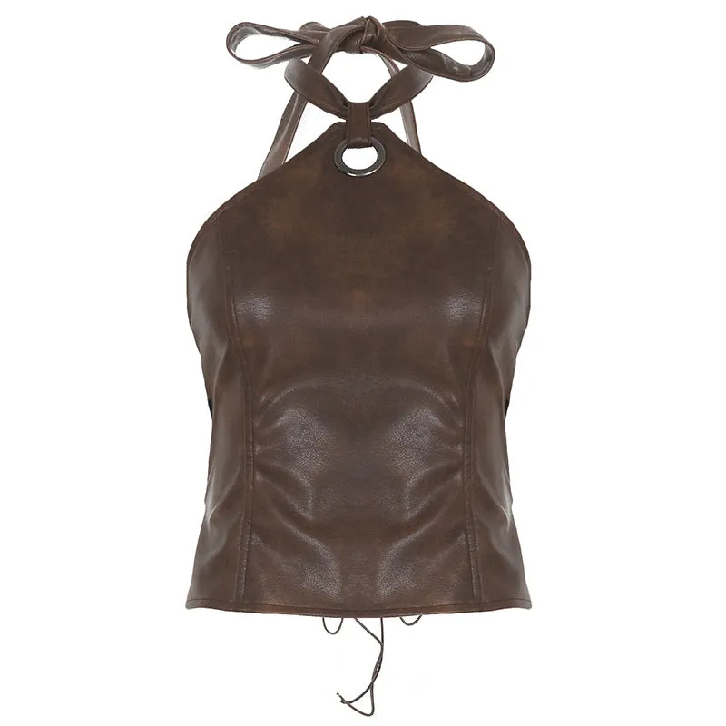 Faux Leather Cropped Halter Top