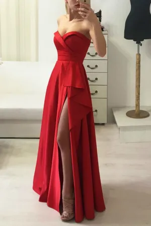 Floor-Length Red Satin Prom Gown Dress with Ruffled Slit Side