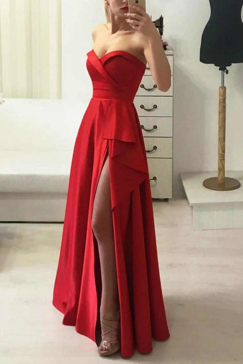 Floor-Length Red Satin Prom Gown Dress with Ruffled Slit Side