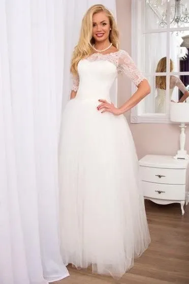 Floor-Length Tulle Ivory Wedding Gowns with Lace Off-the-shoulder