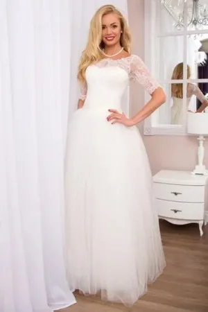 Floor-Length Tulle Ivory Wedding Gowns with Lace Off-the-shoulder