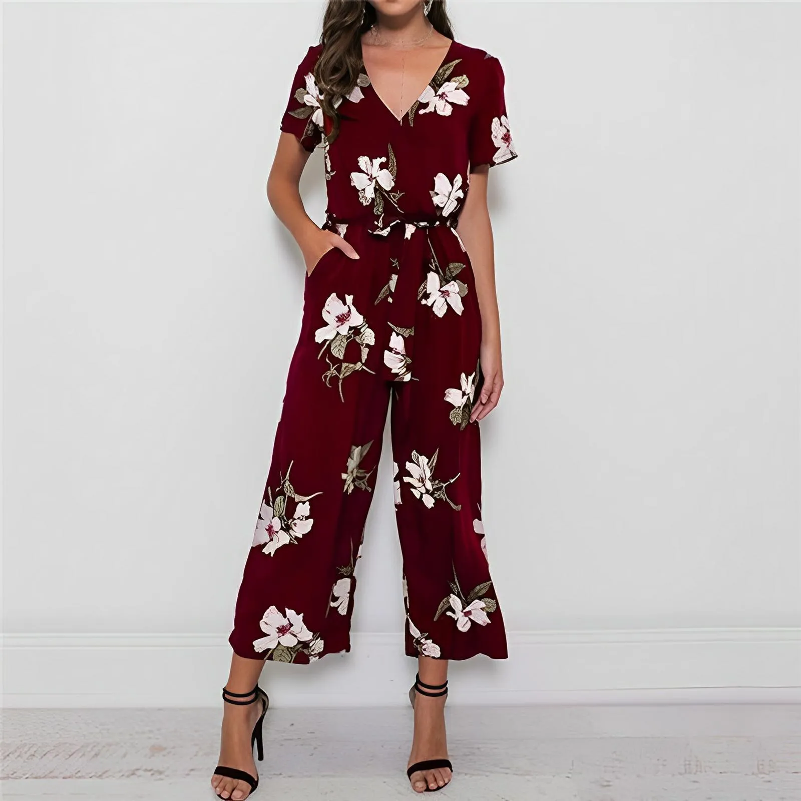 Floral Print Short Sleeve Wide-Leg Jumpsuit