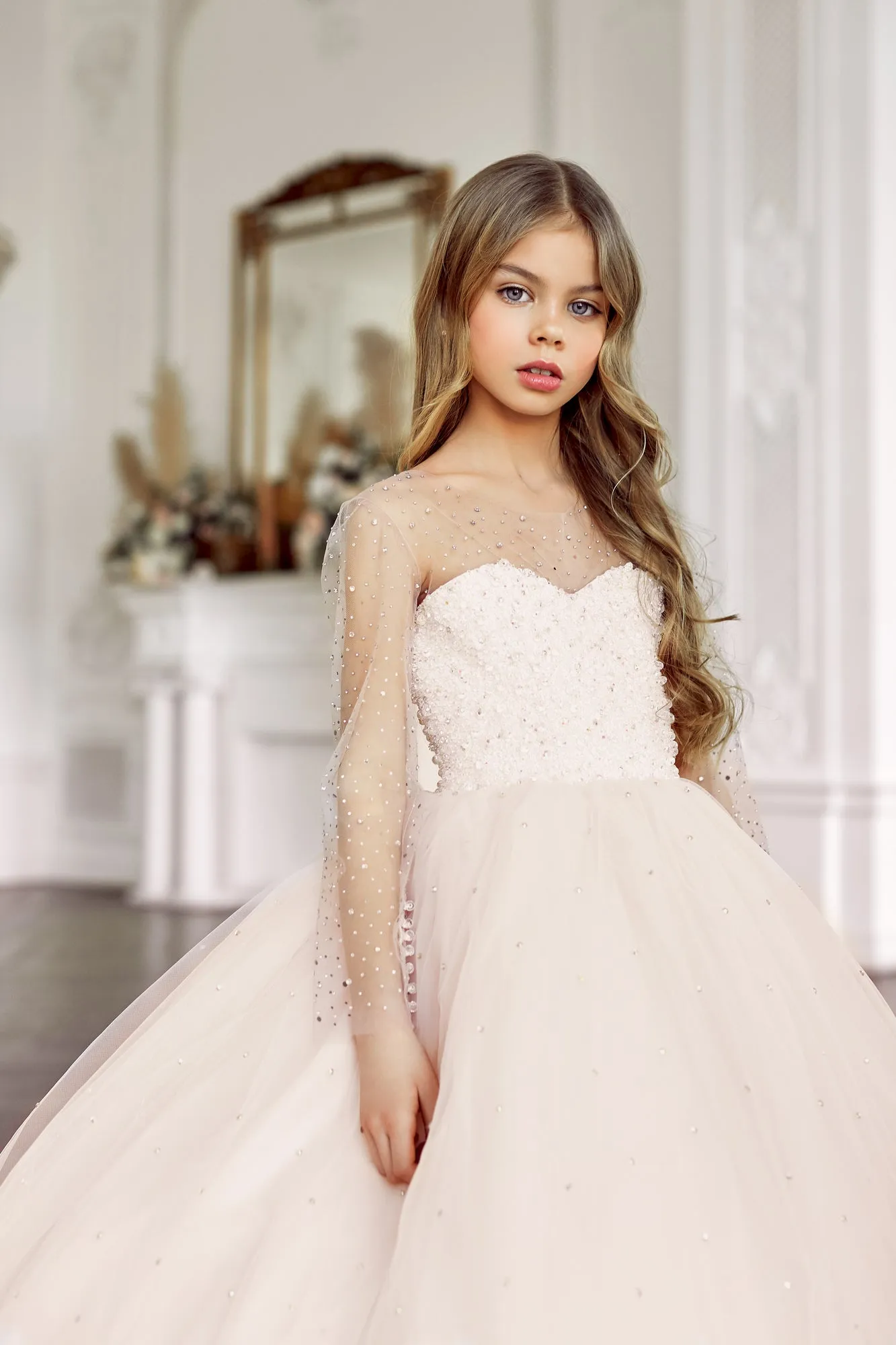 Girls Pearl and Diamond Encrusted Dress with Sheer Sleeves
