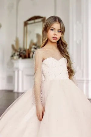 Girls Pearl and Diamond Encrusted Dress with Sheer Sleeves