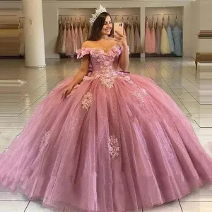 Glittering Off-Shoulder Quinceanera Dress Flower Appliques Ball Gown Vestidos De 15 Birthday Party Gowns Corset