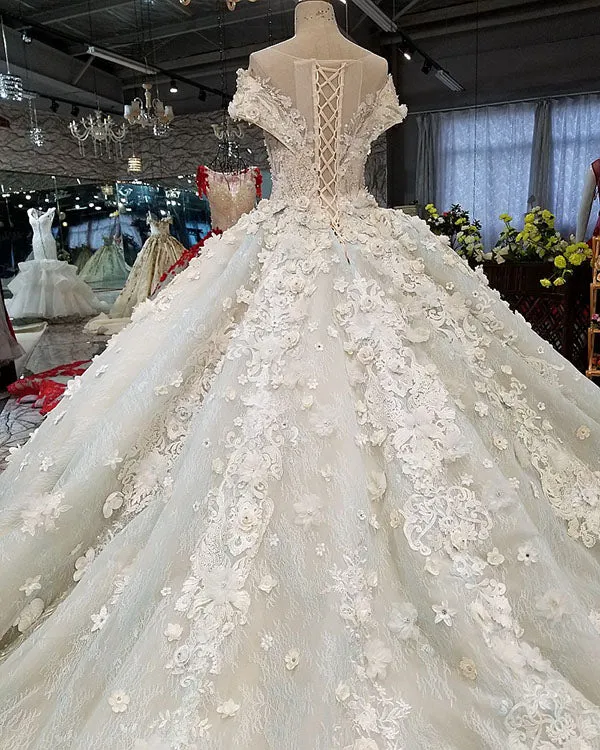 Gorgeous 2018 Ball Gown Wedding Dresses with 3D Flowers Elaborate Wedding Gowns CathedralTrain