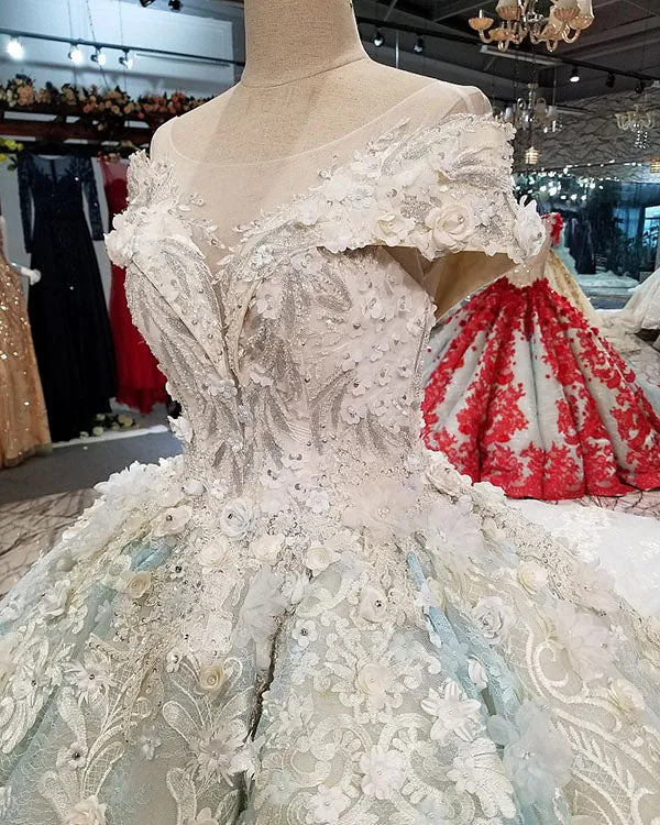 Gorgeous 2018 Ball Gown Wedding Dresses with 3D Flowers Elaborate Wedding Gowns CathedralTrain
