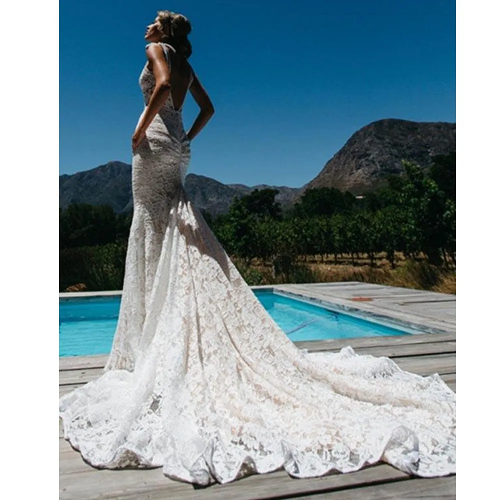Gorgeous Deep V-neck Lace Mermaid Bridal Dress Custom Made Robe de Mariee Backless Long Train