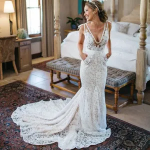 Gorgeous Deep V-neck Lace Mermaid Bridal Dress Custom Made Robe de Mariee Backless Long Train
